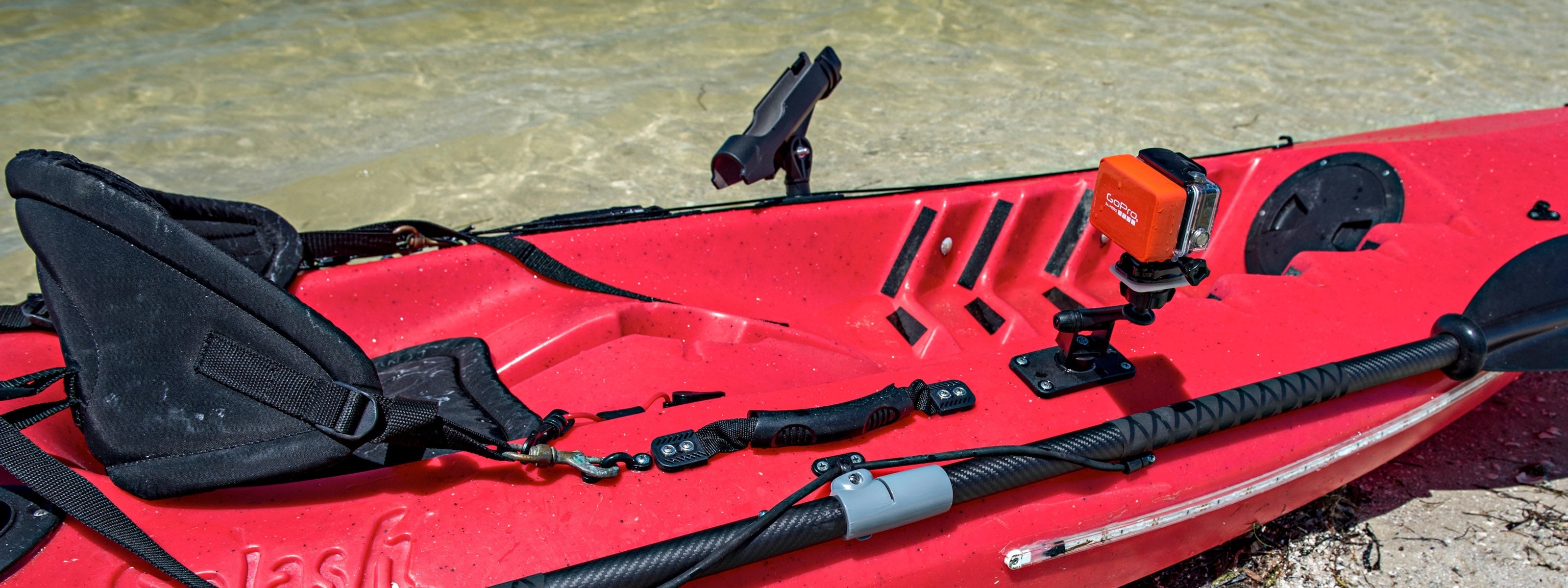 Kayak outfitted with Propel Paddle Gear kayak accessories