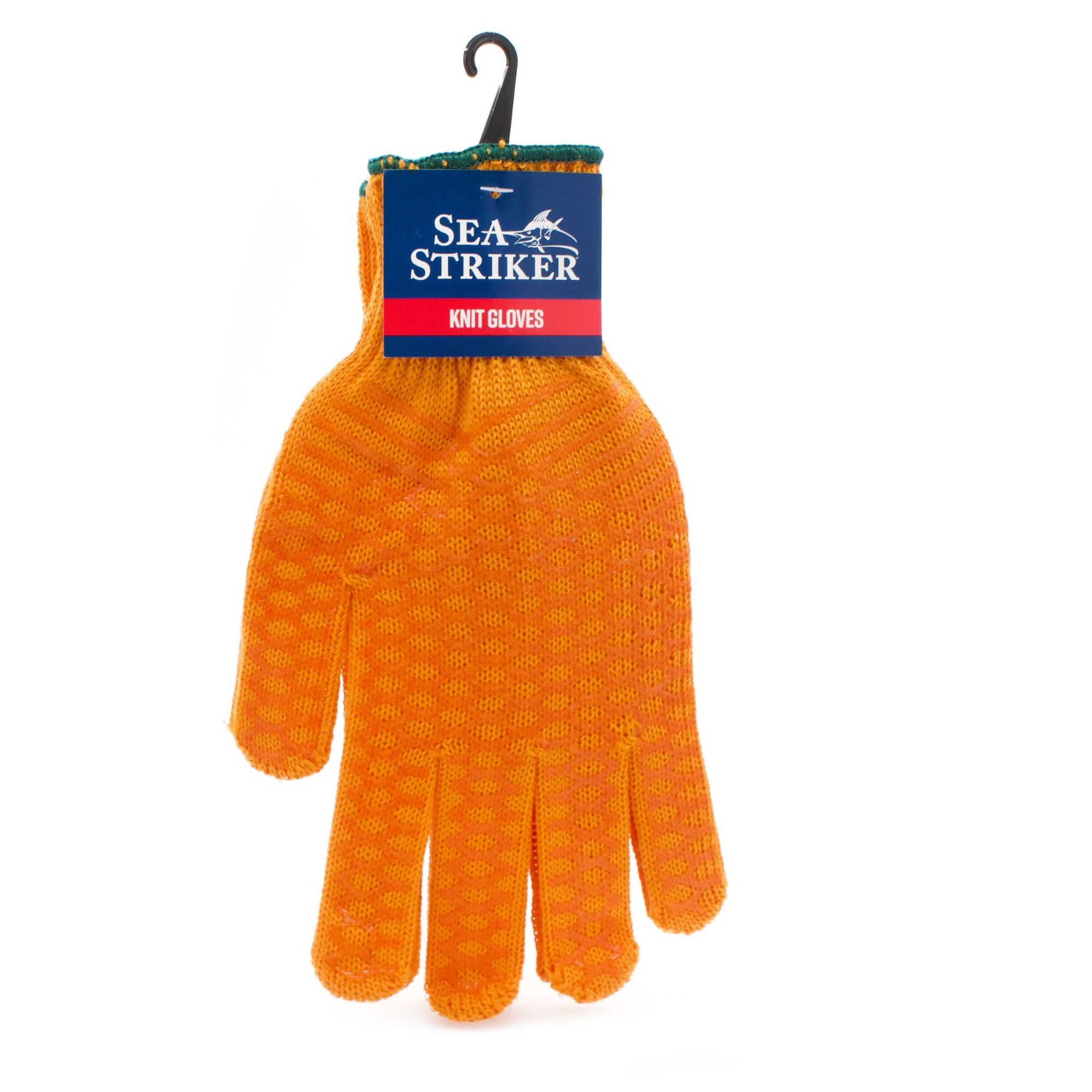 Sea Striker orange string knit gloves packaged