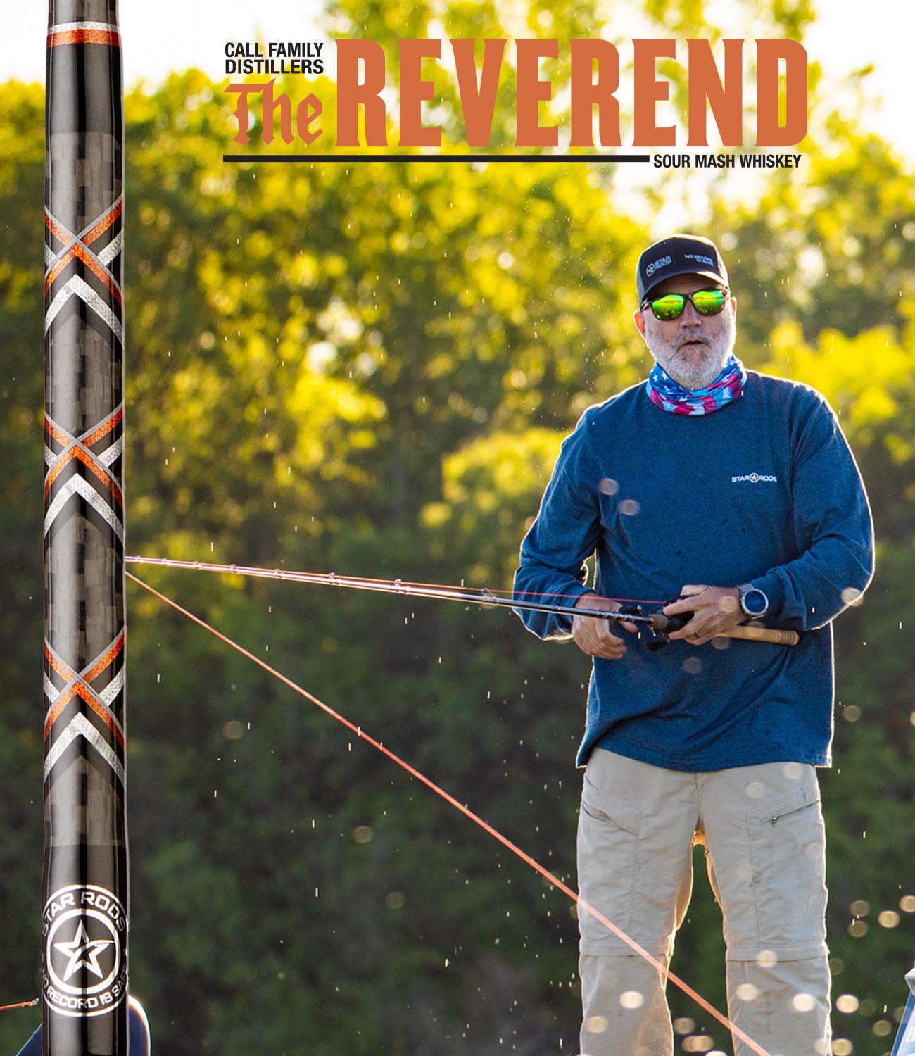 Angler with The Reverend Sour Mash Whiskey fishing rod