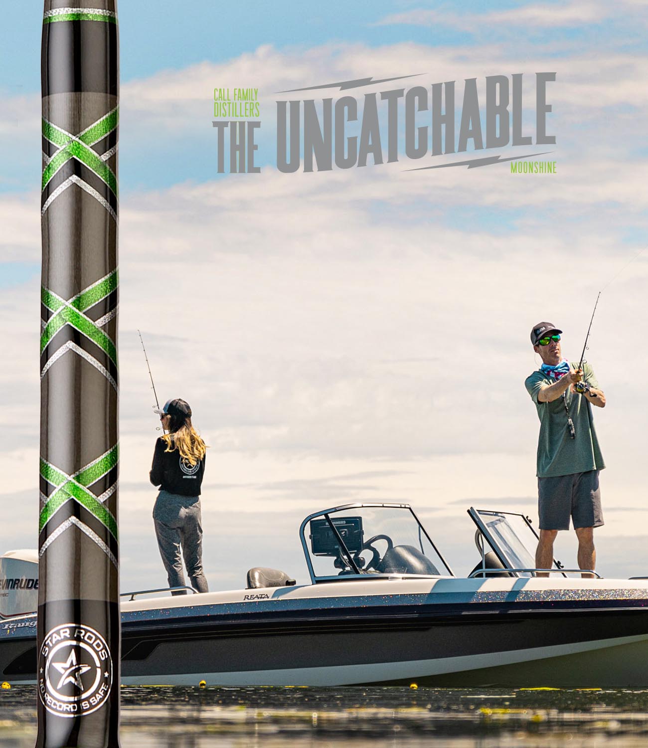 Anglers on boat with The Uncatchable Sour Mash Moonshine Rods