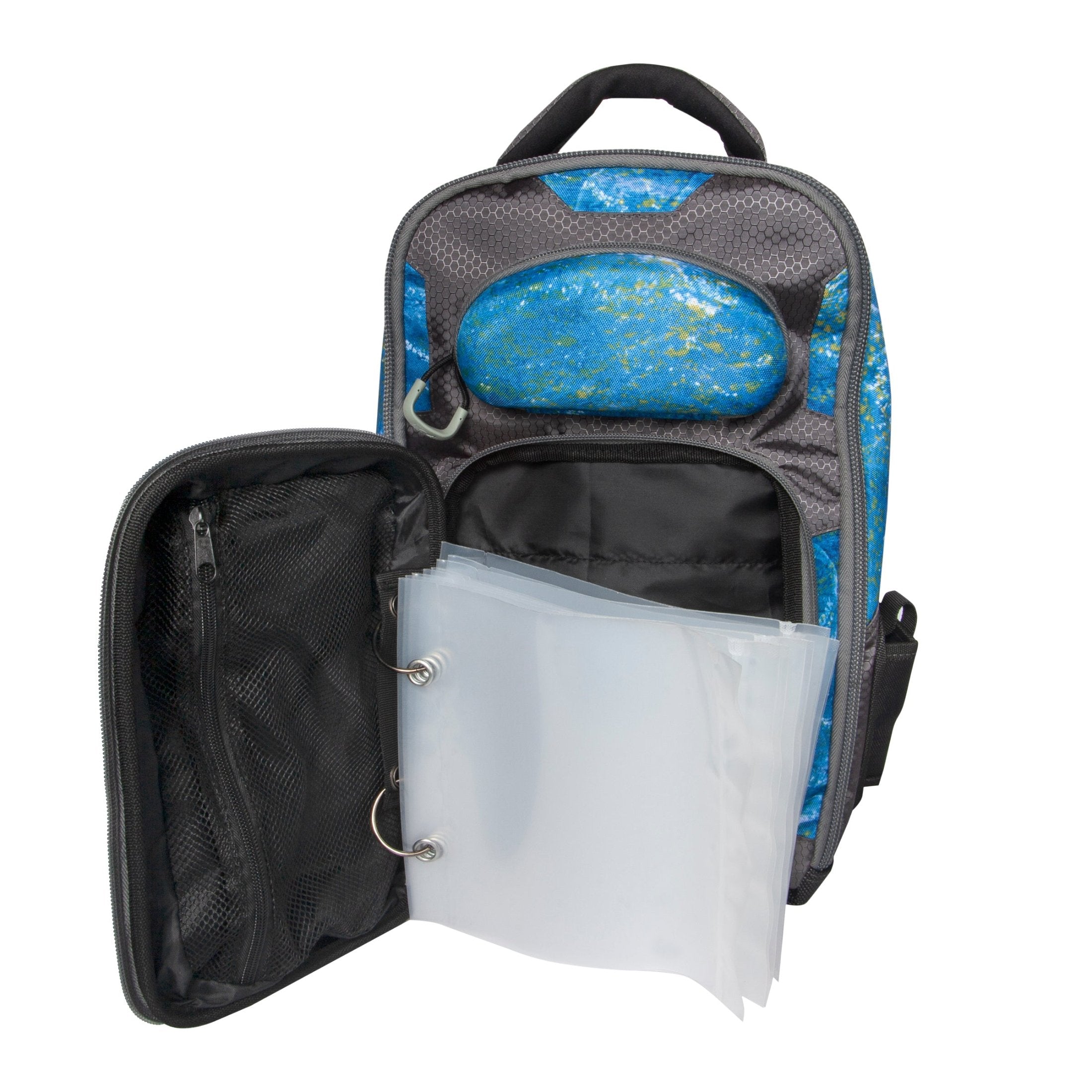 Calcutta tackle backpack with bait binder open