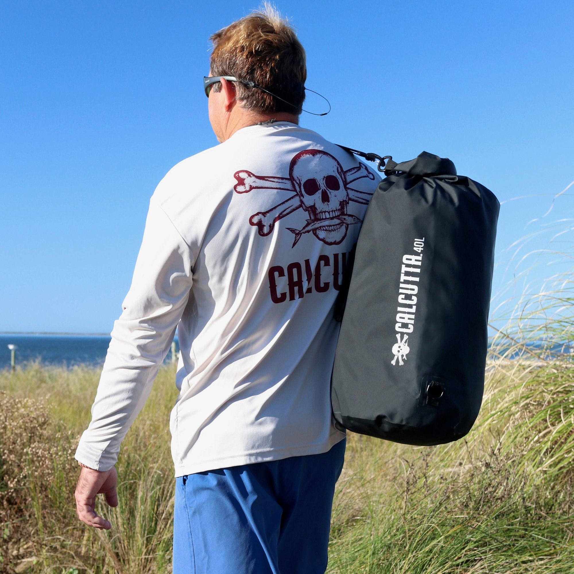 Calcutta dry bag 40L being carried on back